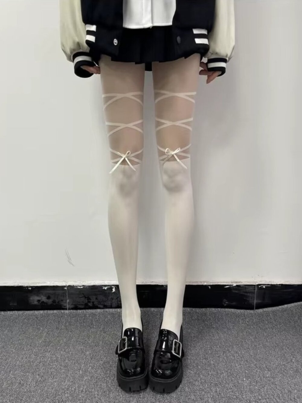 Women's Bowknot Tie Straps Ballet Mock Faux Thigh High White Tights Pantyhose